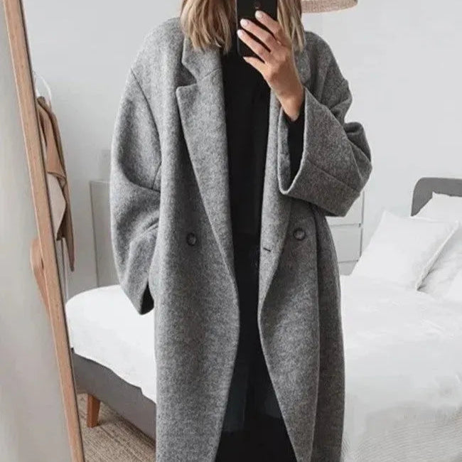 Damen - Langer Wintermantel mit Revers - Ein-Knopf-Verschluss - Stilvoller Warmhalter für kalte Tage