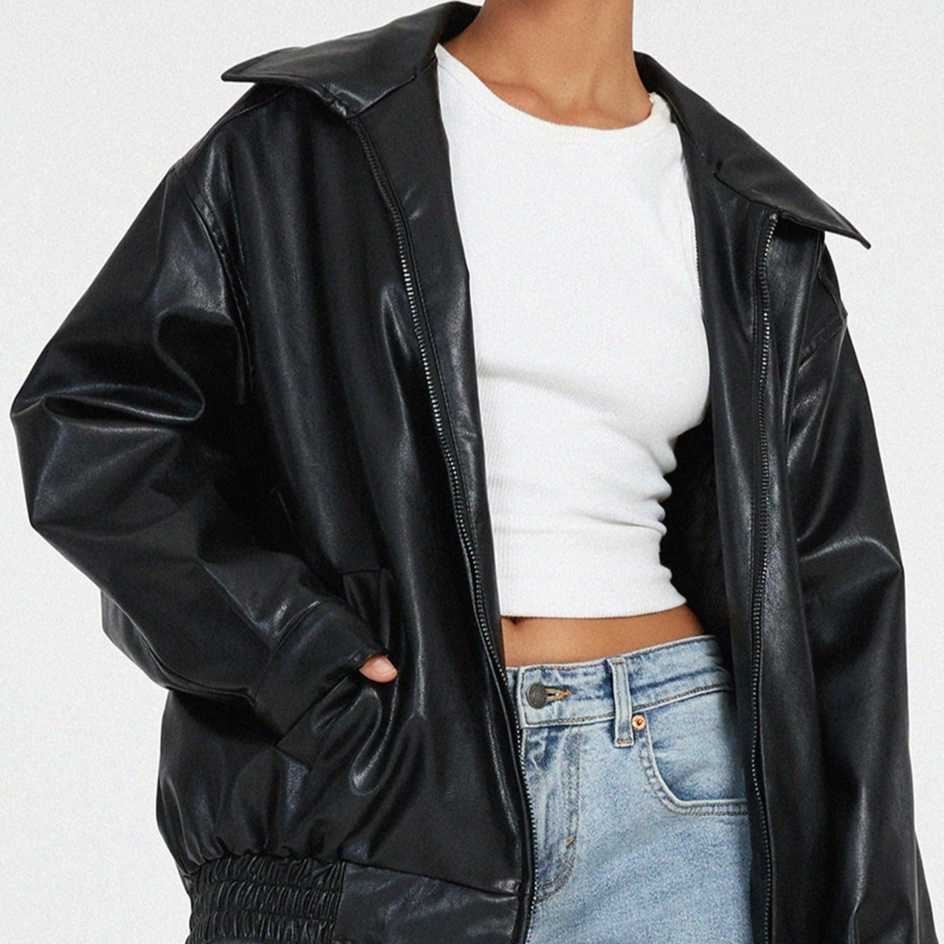 Damen - Entspannte jacke - Leder - Hochkragen mit Reißverschluss - Stilvolle Freizeitmode