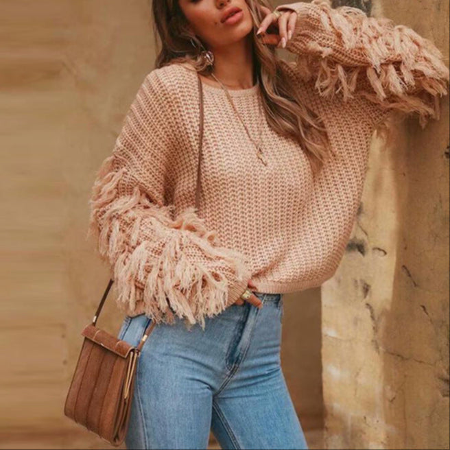 Damen - Kuscheliger Strickpullover - Fransenärmeln - Weiches Material - Gemütliche Looks