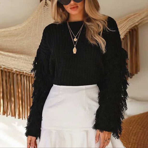 Damen - Kuscheliger Strickpullover - Fransenärmeln - Weiches Material - Gemütliche Looks