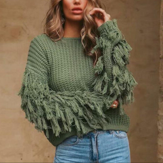 Damen - Kuscheliger Strickpullover - Fransenärmeln - Weiches Material - Gemütliche Looks