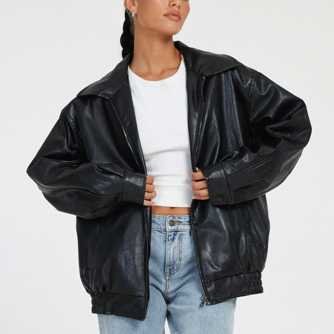 Damen - Entspannte jacke - Leder - Hochkragen mit Reißverschluss - Stilvolle Freizeitmode