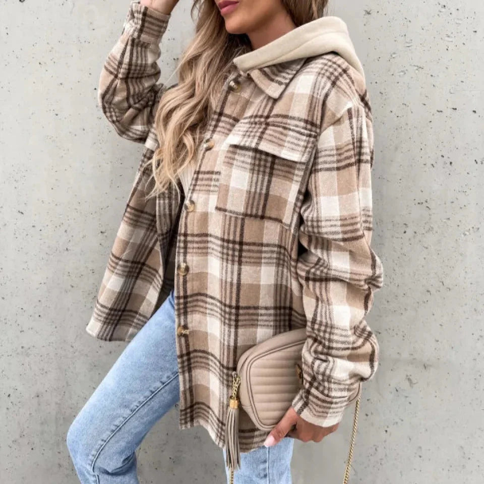 Damen - Karierte Kapuzenjacke - Bequeme Baumwolle - Modische Herbstjacke für lässige Outfits