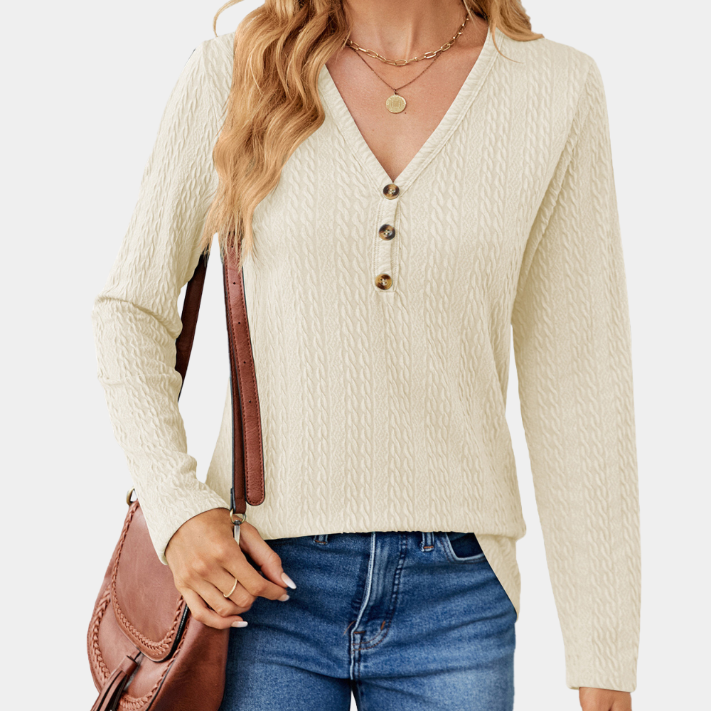 Damen - Langärmeliges V-Ausschnitt Top - Zopfstrick - Stilvolles, bequemes Oberteil für jede Gelegenheit