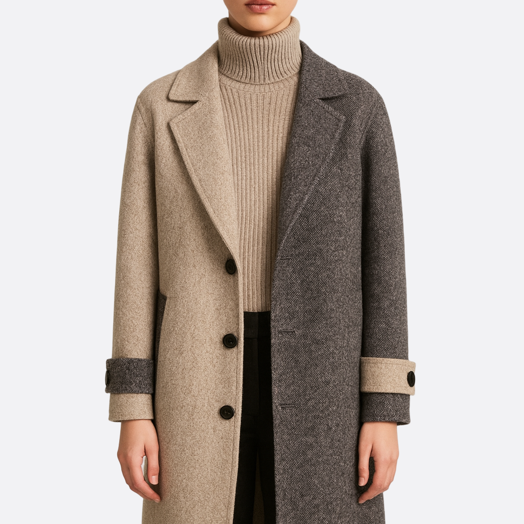 Damen - Eleganter zweifarbiger langer Mantel - Hochwertiger Stoff - Klassischer Stil für jeden Anlass