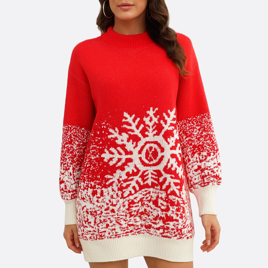 Damen - Festliches gestricktes Weihnachtskleid - Strickstoff - Schneeflocken Design - Stilvolles Weihnachtsoutfit