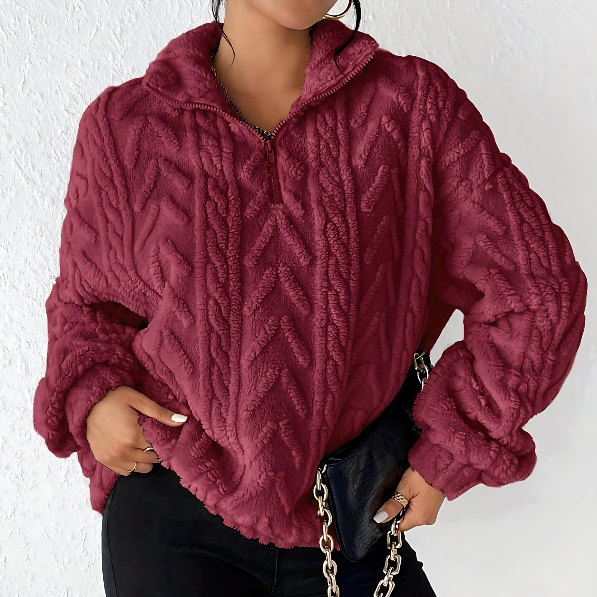 Damen - Fleece Pullover - Hoher Kragen - Gemütlicher Materialmix für kalte Tage