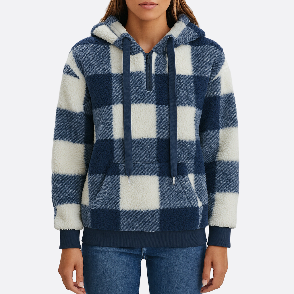 Damen - Kapuzenpullover - Weicher Strick - Halber Reißverschluss & Karomuster - Komfort und Stil