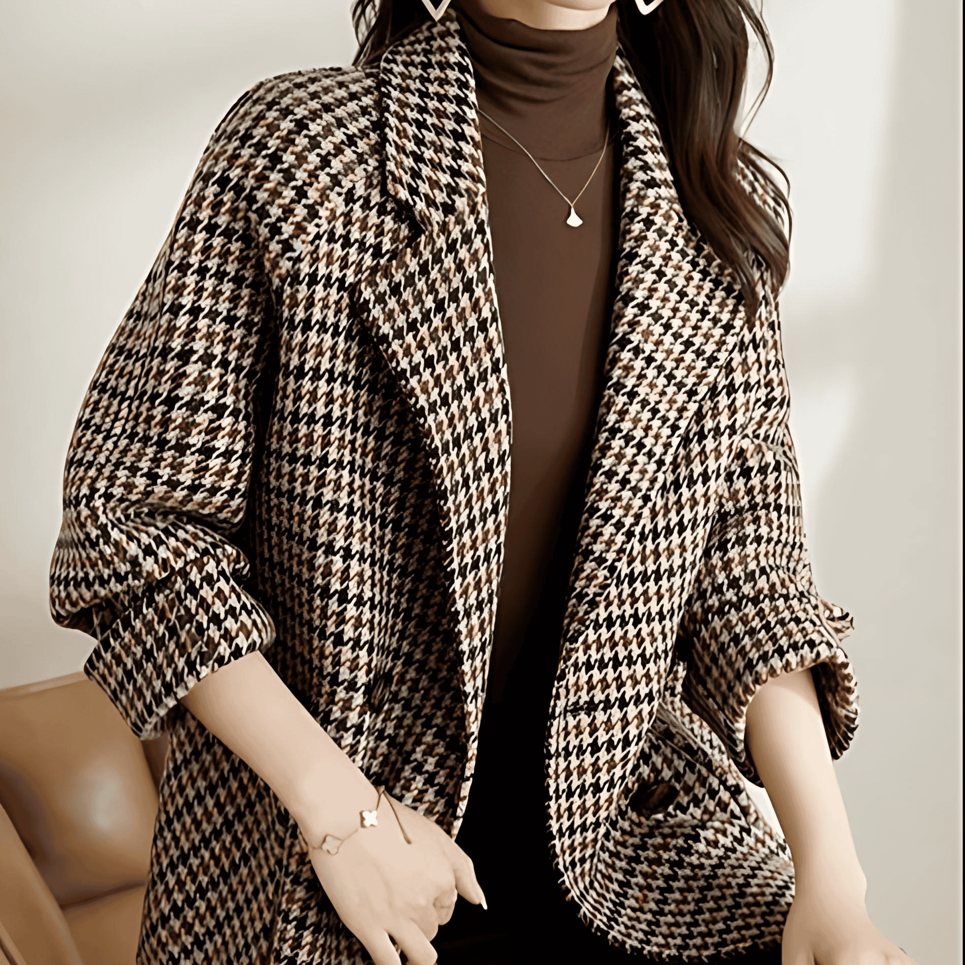 Damen - Klassischer langer karierter Blazer - Hochwertiger Herbststil - Eleganter Look für den Alltag