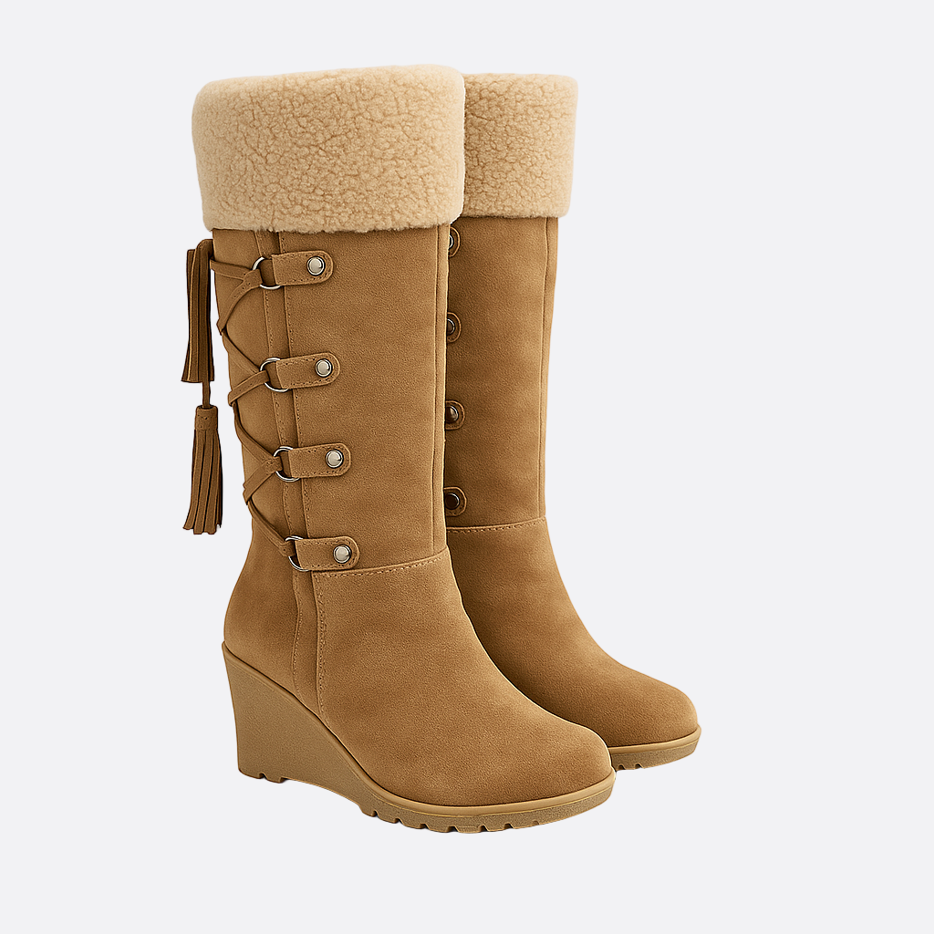 Damen - Kniehohe Keilstiefel - Stilvolles Quasten-Design für schicken Komfort