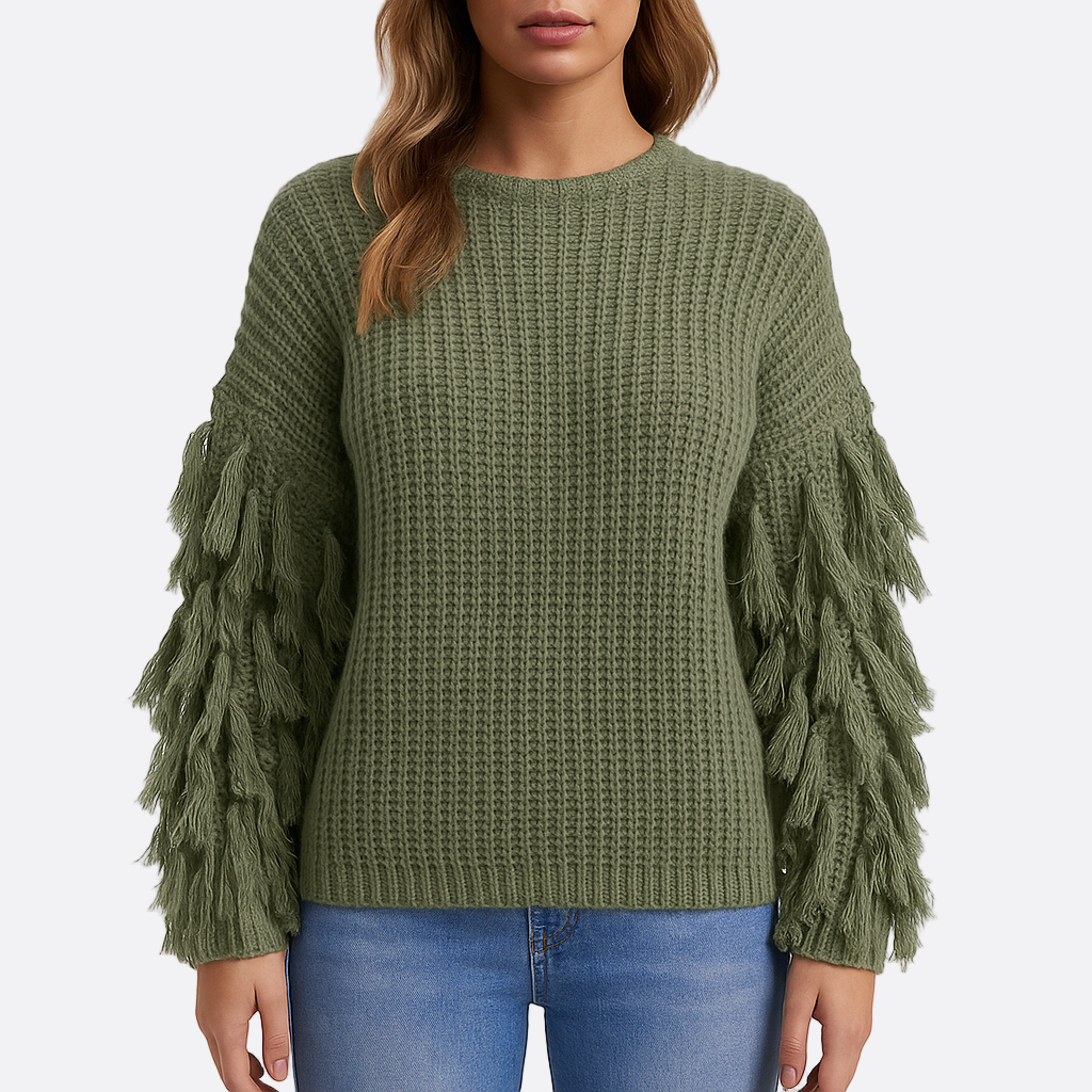 Damen - Kuscheliger Strickpullover - Fransenärmeln - Weiches Material - Gemütliche Looks