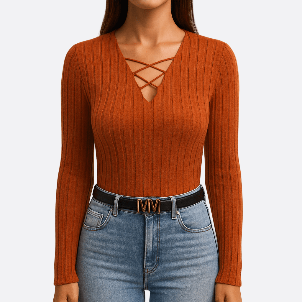 Damen - Langarm-Shirt mit V-Ausschnitt - Baumwollmischung - Gerippte Struktur - Bequem und Stilvoll für Jeden Tag