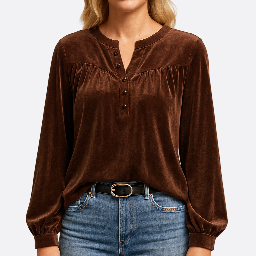 Damen - Langärmeliges Samt-Top - V Ausschnitt - Knöpfen - Elegantes, Bequemes Design für Jeden Anlass