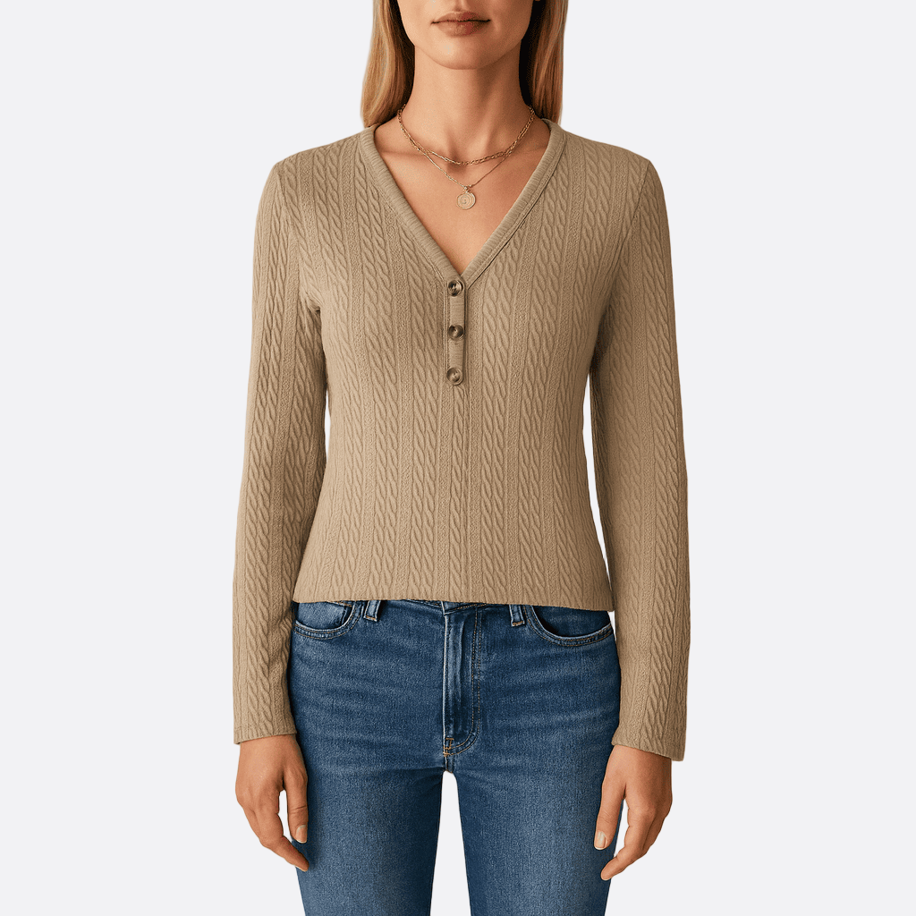 Damen - Langärmeliges V-Ausschnitt Top - Zopfstrick - Stilvolles, bequemes Oberteil für jede Gelegenheit