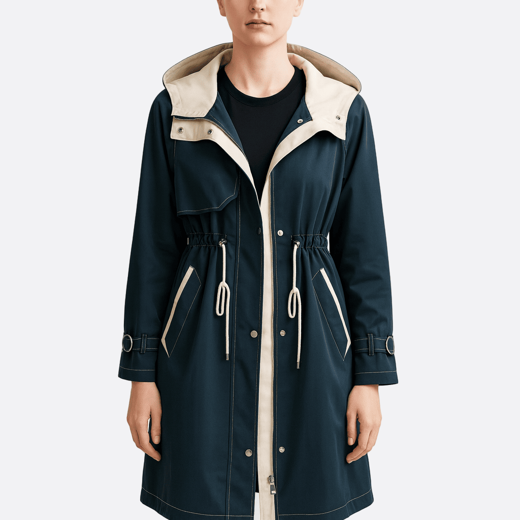 Damen - Langer Trenchcoat - Kapuze - Wasserdicht & Stylisch - Perfekt für Regenwetter
