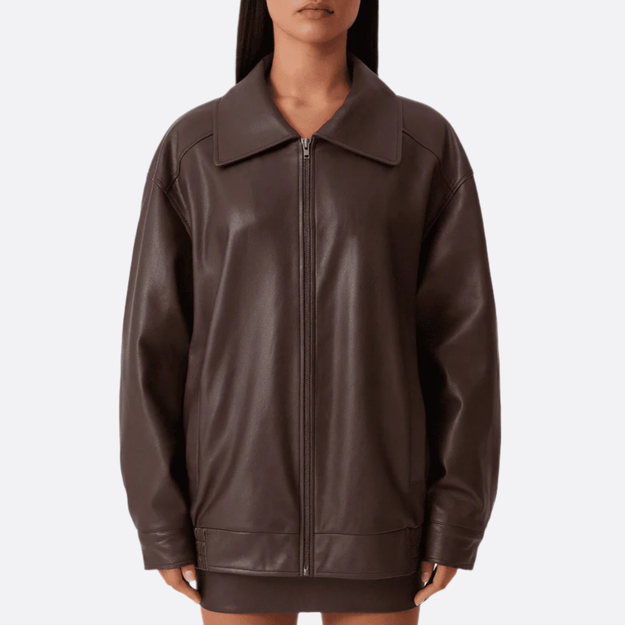 Damen - Entspannte jacke - Leder - Hochkragen mit Reißverschluss - Stilvolle Freizeitmode