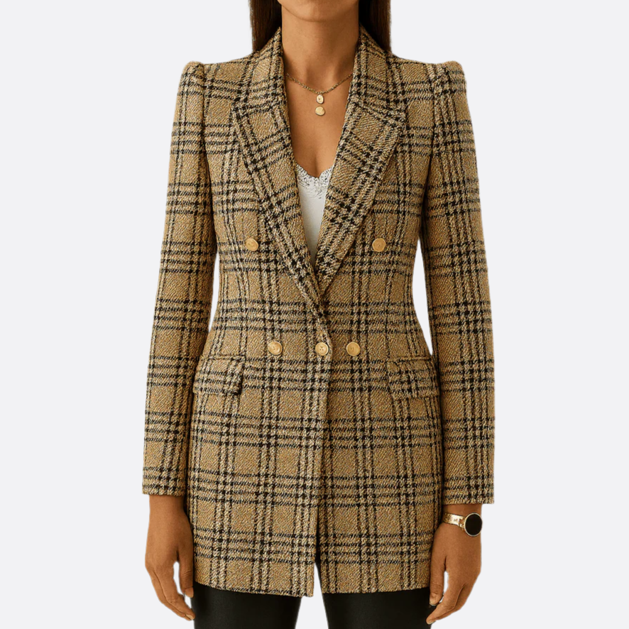 Damen - Langer karierter Blazer - Leichte Material - Zweireiher - Eleganter Schnitt für stilvolle Anlässe