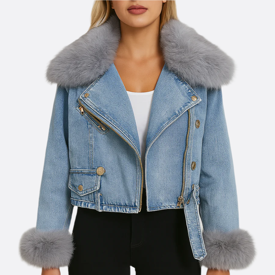 Damen - Jeansjacke mit Kunstfellkragen - Strapazierfähige Denim - Stylische Winterjacke - Komfort und Eleganz