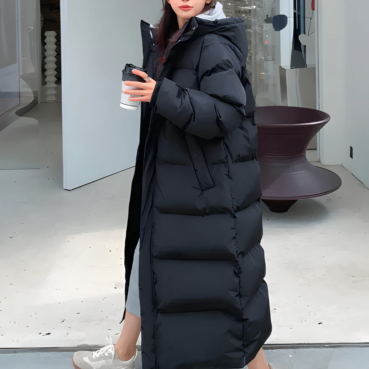 Damen - Langer wattierter Mantel mit Kapuze - Bequem & Warm - Stylischer Wintermantel