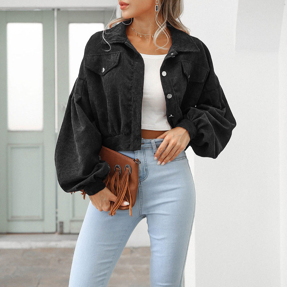 Damen - Gekürzte Cord-Denim-Jacke - Weichem Cord - Mit Übergrößen Ballonärmel - Trendy und Bequem