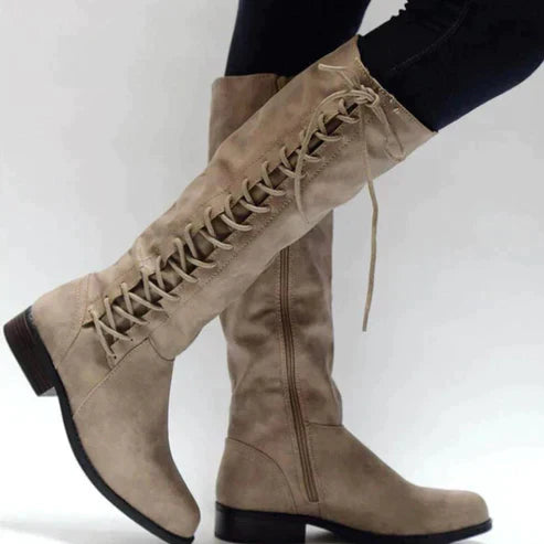 Damen - Schnürstiefel - Kniehohe - Flacher Stil - Bequeme und modische Stiefel für jeden Anlass