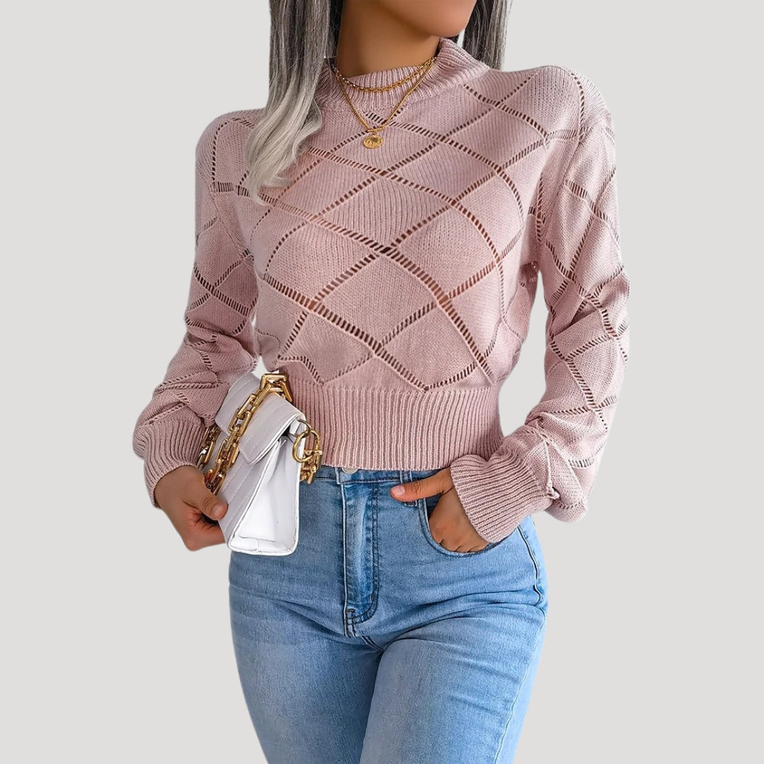 Damen - Gestrickter Pullover - Hohem Halsausschnitt - Rautenmuster - Bequeme Fashion für den Alltag