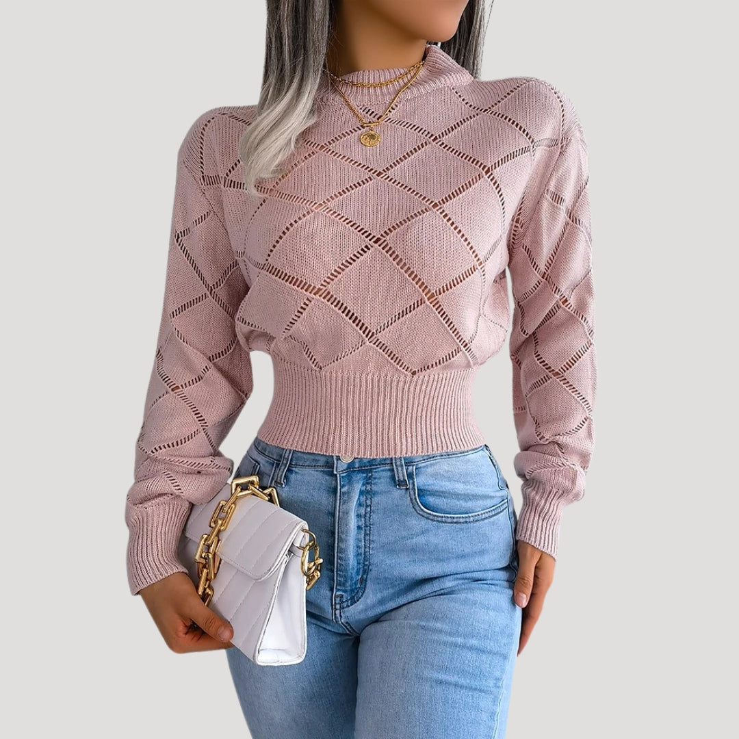 Damen - Gestrickter Pullover - Hohem Halsausschnitt - Rautenmuster - Bequeme Fashion für den Alltag