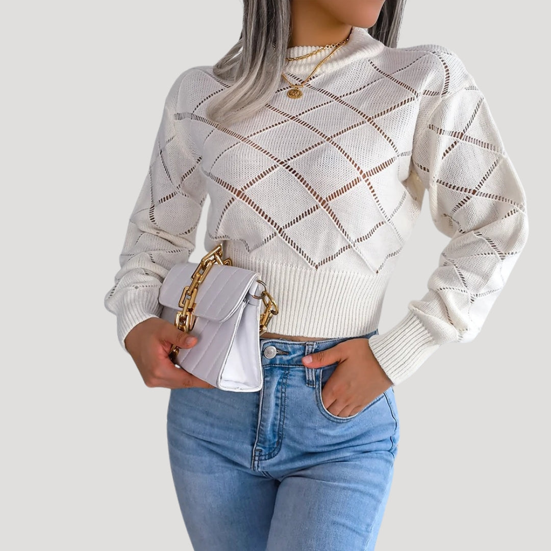 Damen - Gestrickter Pullover - Hohem Halsausschnitt - Rautenmuster - Bequeme Fashion für den Alltag