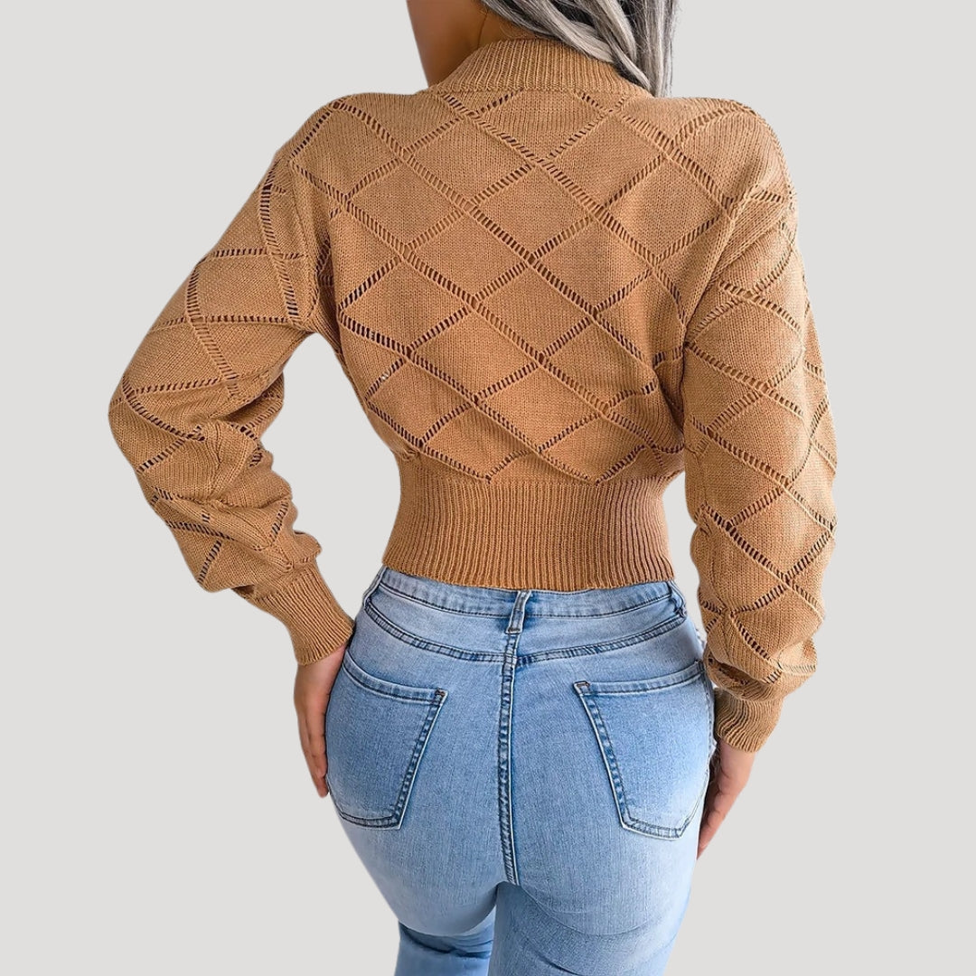 Damen - Gestrickter Pullover - Hohem Halsausschnitt - Rautenmuster - Bequeme Fashion für den Alltag