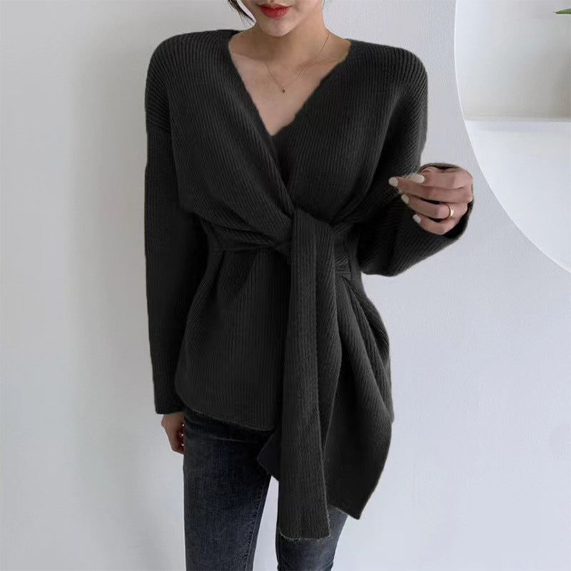Damen - Lässiger Wickel Pullover - Trendy Krawattenbändchen - Bequemer und Stilvoller Look für Jeden Tag