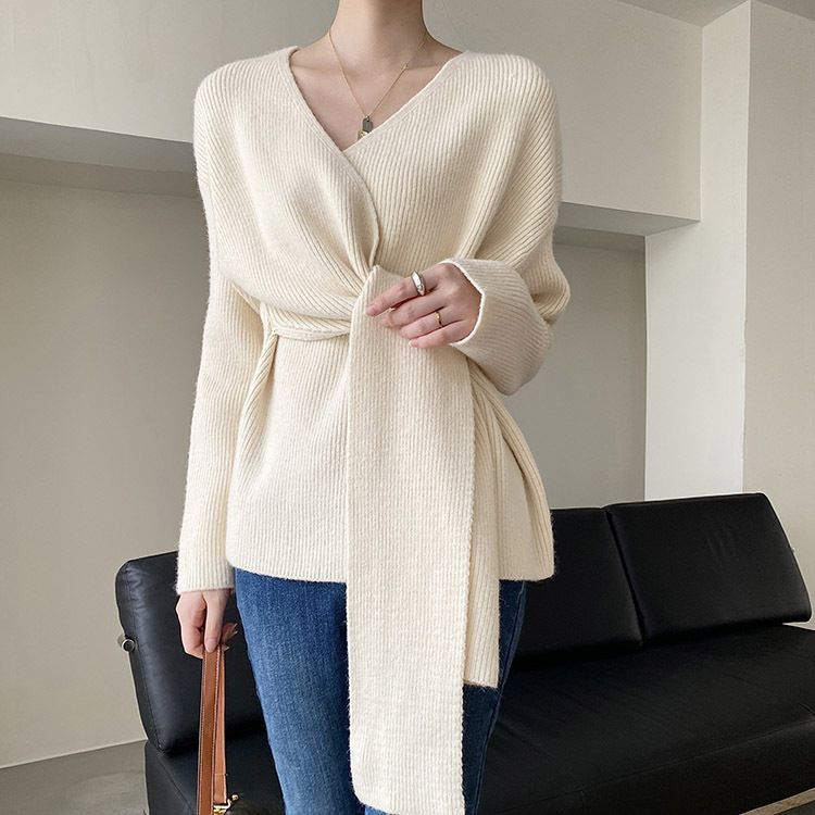 Damen - Lässiger Wickel Pullover - Trendy Krawattenbändchen - Bequemer und Stilvoller Look für Jeden Tag