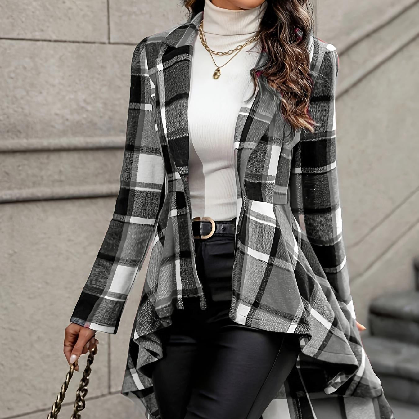 Damen - Karomuster Jacke - Asymmetrischer Saum - Stylische Übergangsjacke für jede Gelegenheit