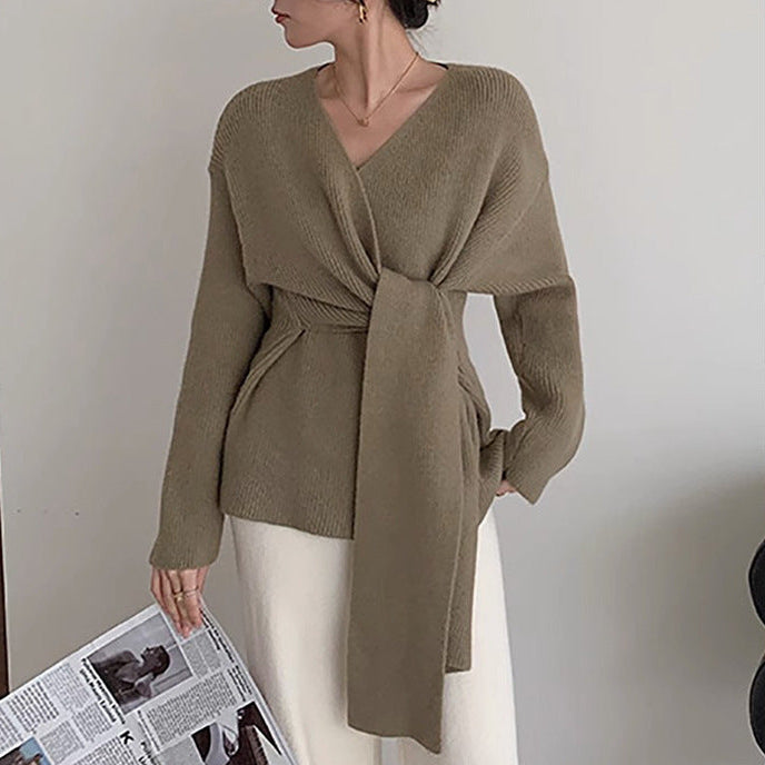 Damen - Lässiger Wickel Pullover - Trendy Krawattenbändchen - Bequemer und Stilvoller Look für Jeden Tag