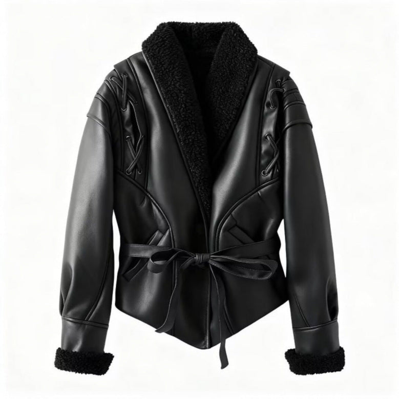 Damen - Kunstlederjacke - Teddyfutter - Modischer Winter Style - Bequem und Warm