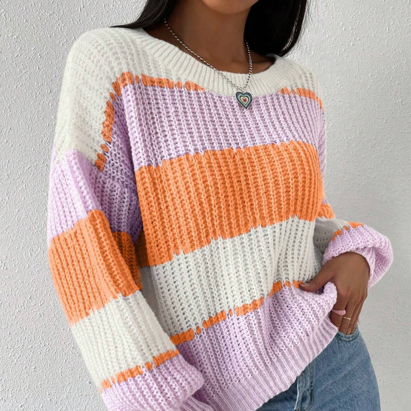 Damen - Langärmeliger gestrickter Pullover - Stricktextur - Rundhalsausschnitt - Bequeme Mode für jeden Anlass