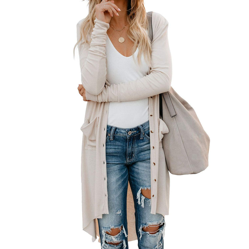 Damen - Lange Strickjacke - Knöpfen und praktischen Taschen - Bequeme und stilvolle Strickmode