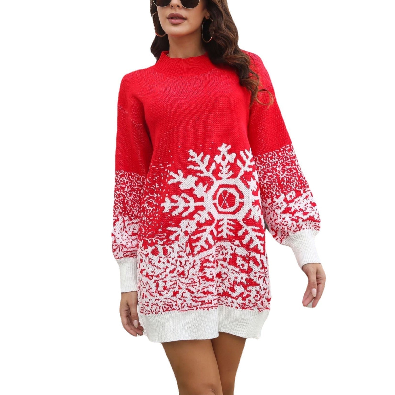 Damen - Festliches gestricktes Weihnachtskleid - Strickstoff - Schneeflocken Design - Stilvolles Weihnachtsoutfit