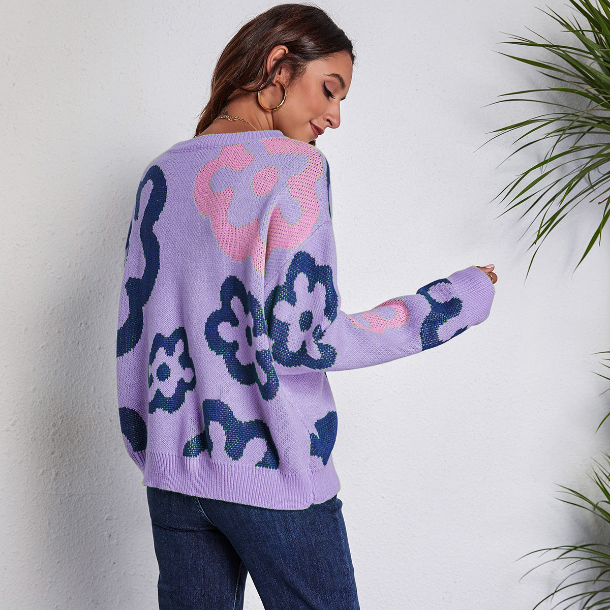 Damen - Lila Sweatshirt - Weicher Baumwolle - Bequemes Blümchenmuster - Perfekt für lässige Anlässe