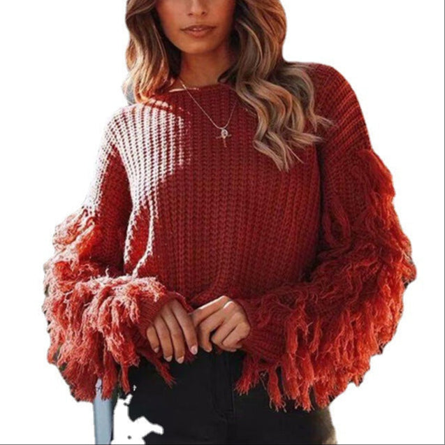 Damen - Kuscheliger Strickpullover - Fransenärmeln - Weiches Material - Gemütliche Looks