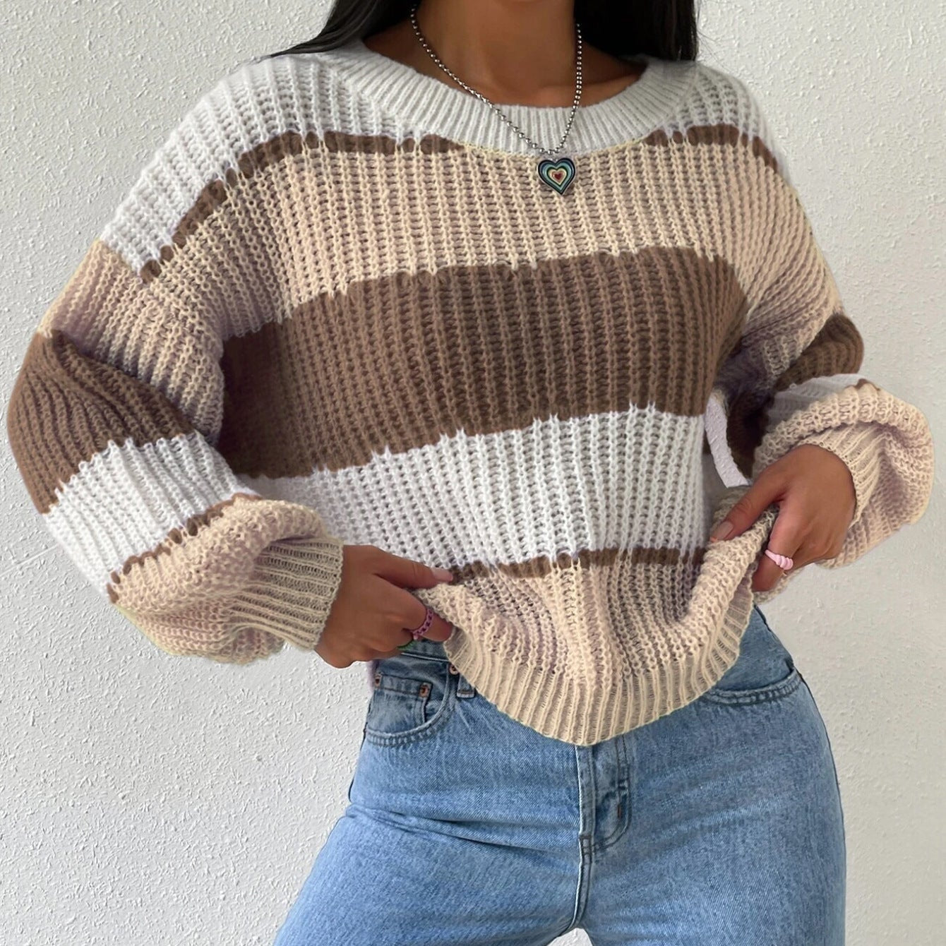Damen - Langärmeliger gestrickter Pullover - Stricktextur - Rundhalsausschnitt - Bequeme Mode für jeden Anlass