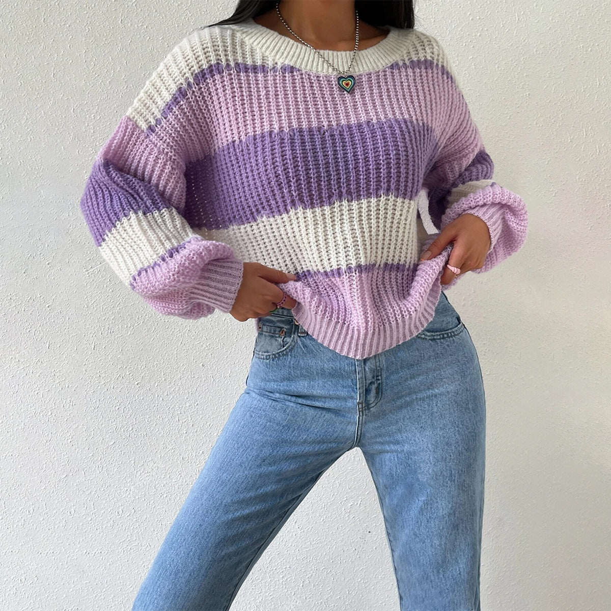 Damen - Langärmeliger gestrickter Pullover - Stricktextur - Rundhalsausschnitt - Bequeme Mode für jeden Anlass