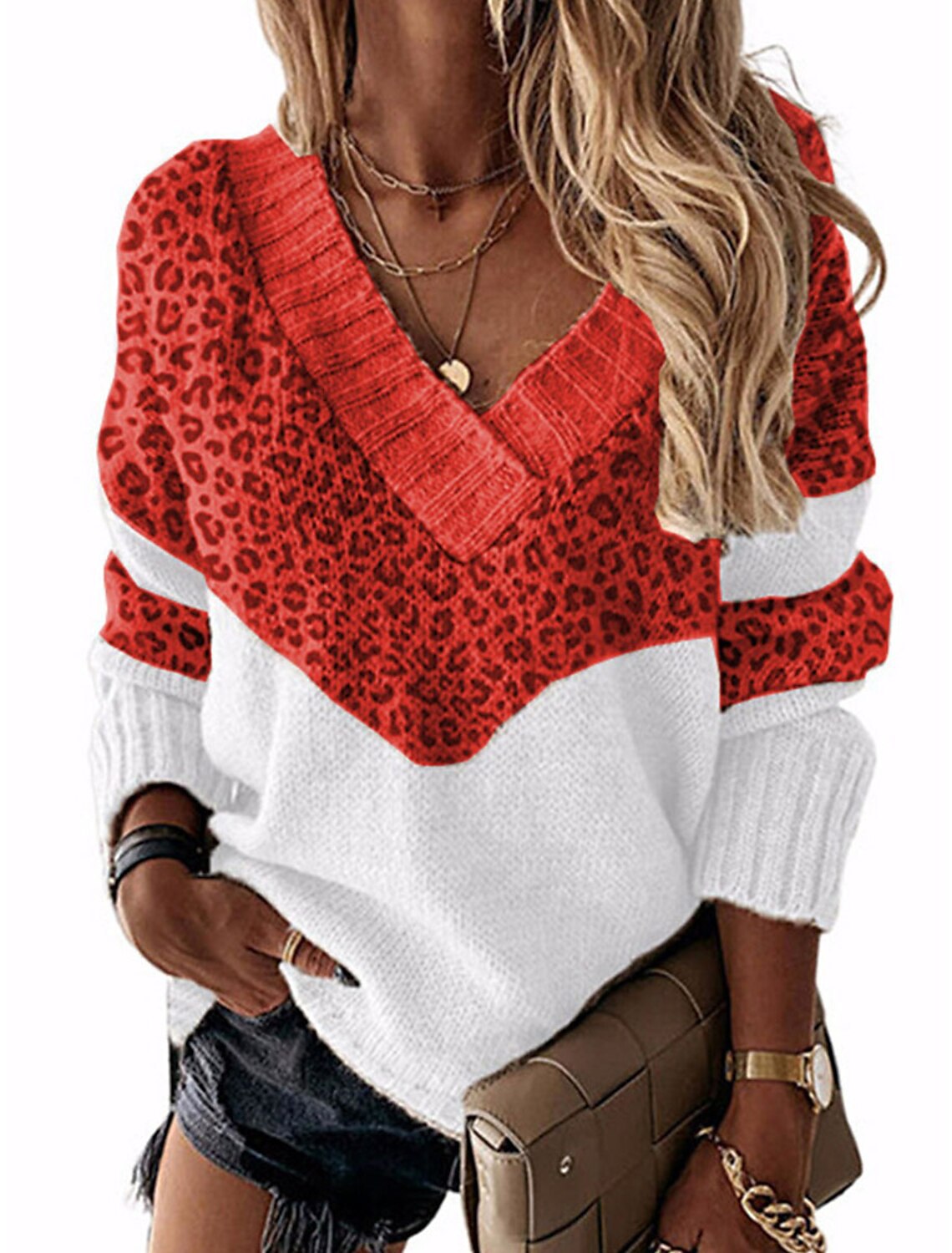 Damen - Leopardenmuster Pullover - V-Ausschnitt - Stylischer Strick für jeden Anlass