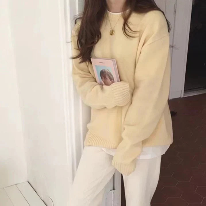 Damen - Gemütlicher übergroßer Strickpullover - Weicher Rundhalsausschnitt - Bequeme Mode für jeden Tag