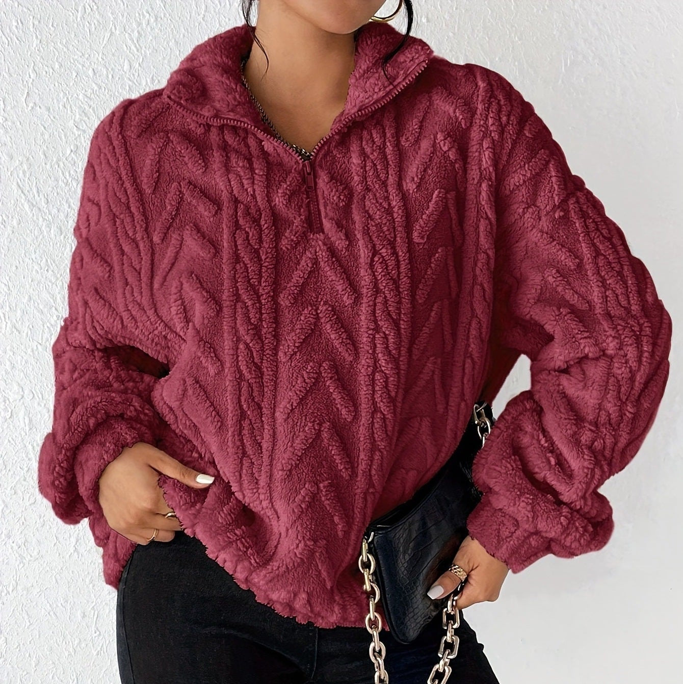 Damen - Fleece Pullover - Hoher Kragen - Gemütlicher Materialmix für kalte Tage