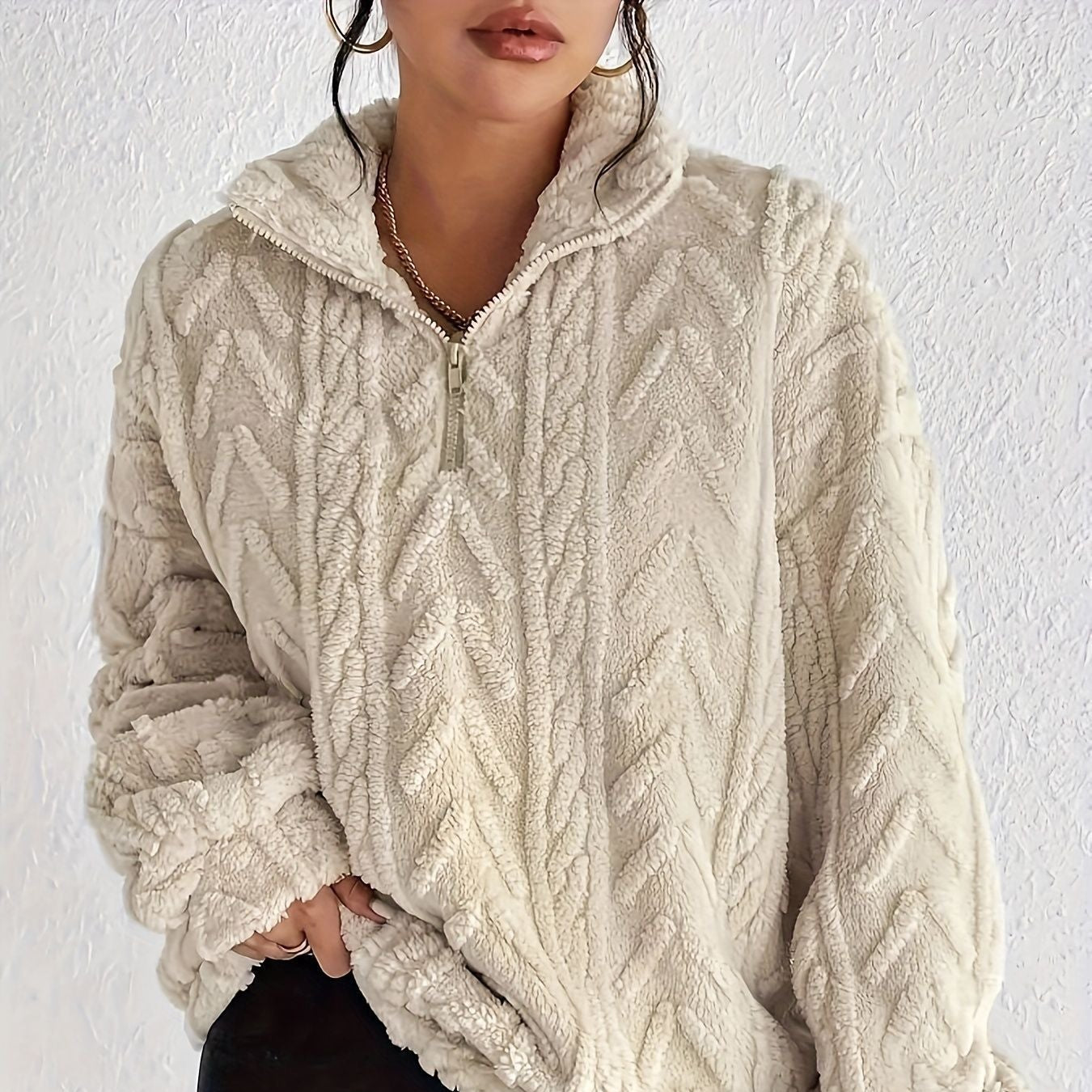 Damen - Fleece Pullover - Hoher Kragen - Gemütlicher Materialmix für kalte Tage