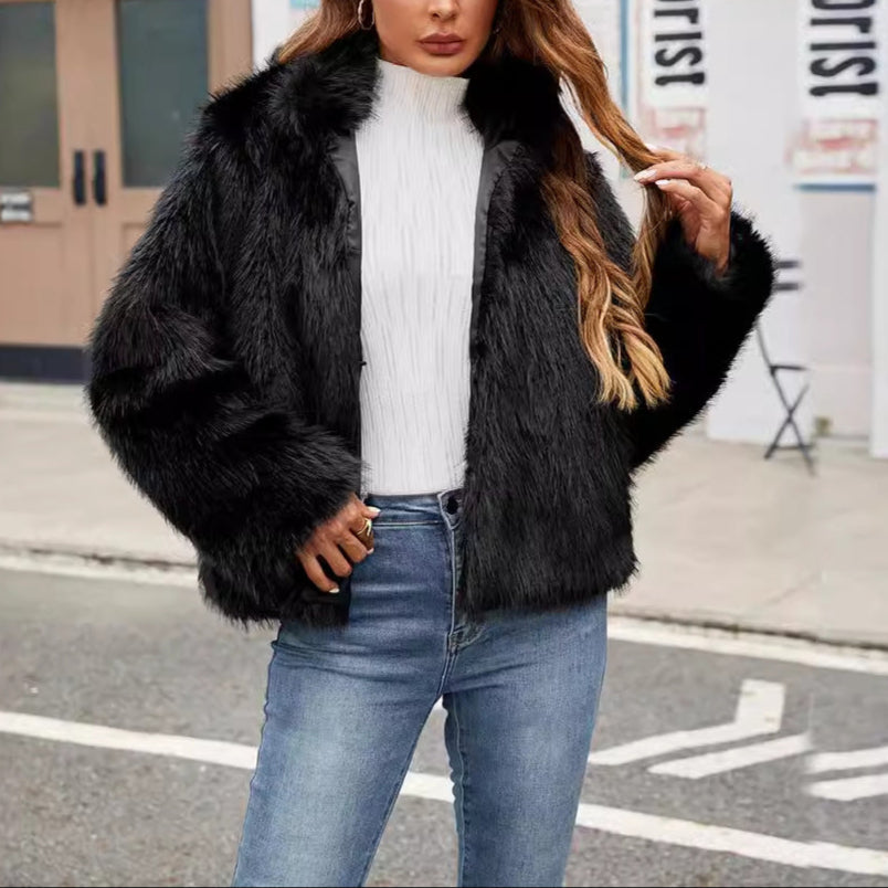 Damen - Kurze Kunstfell Jacke - Trendy Kragen - Stylisch und Warm für jeden Anlass