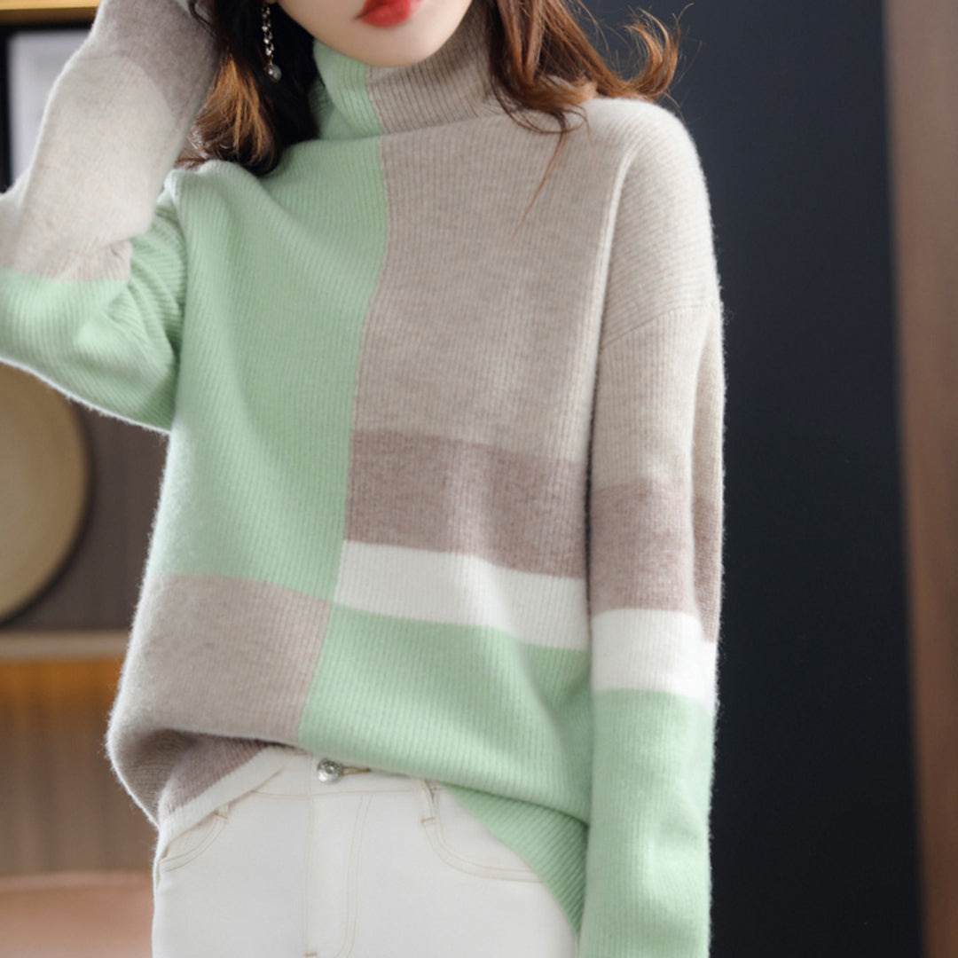 Damen - Rollkragenpullover - Farbblockdesign - Gemütlicher Strickpullover für stilvollen Komfort