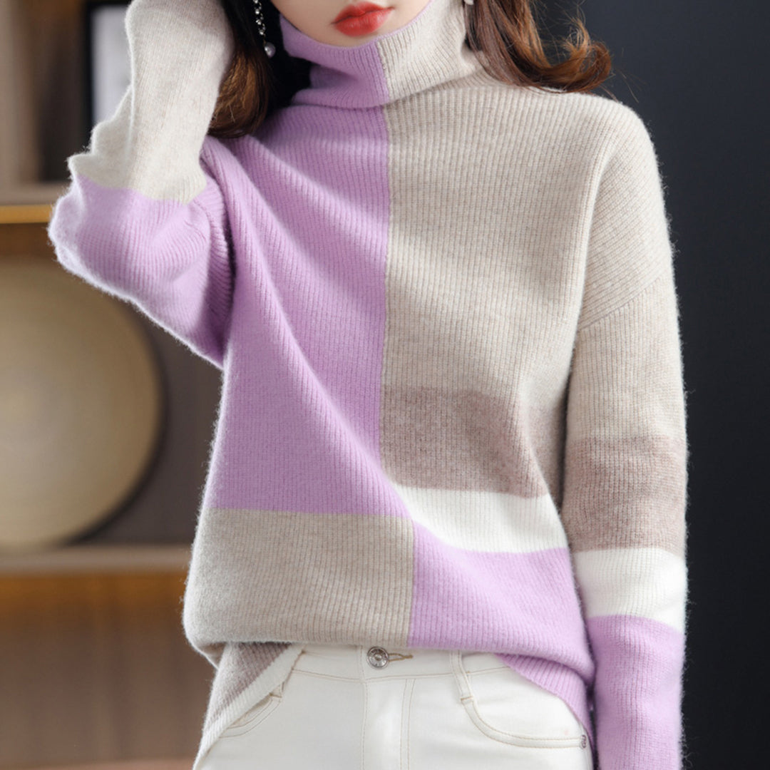 Damen - Rollkragenpullover - Farbblockdesign - Gemütlicher Strickpullover für stilvollen Komfort