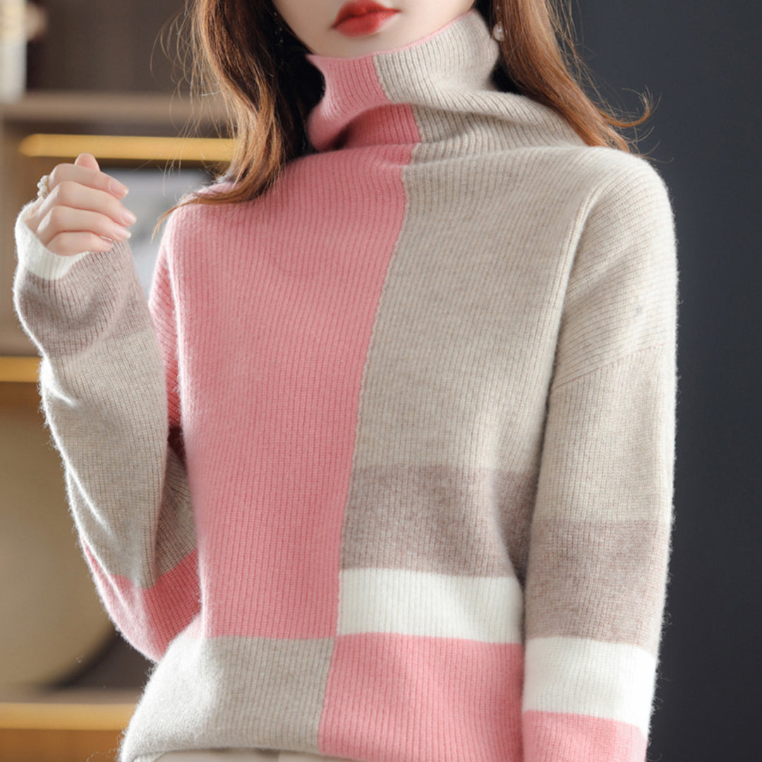 Damen - Rollkragenpullover - Farbblockdesign - Gemütlicher Strickpullover für stilvollen Komfort