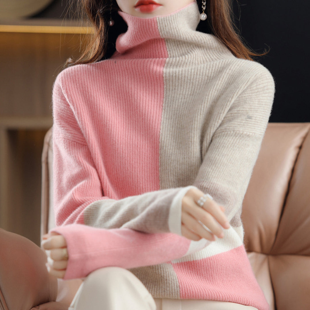 Damen - Rollkragenpullover - Farbblockdesign - Gemütlicher Strickpullover für stilvollen Komfort